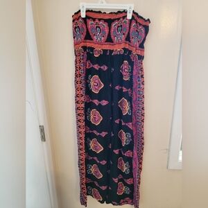 Women's Black with Pink Design Strapless Lola P Maxi Dress Sz Small.